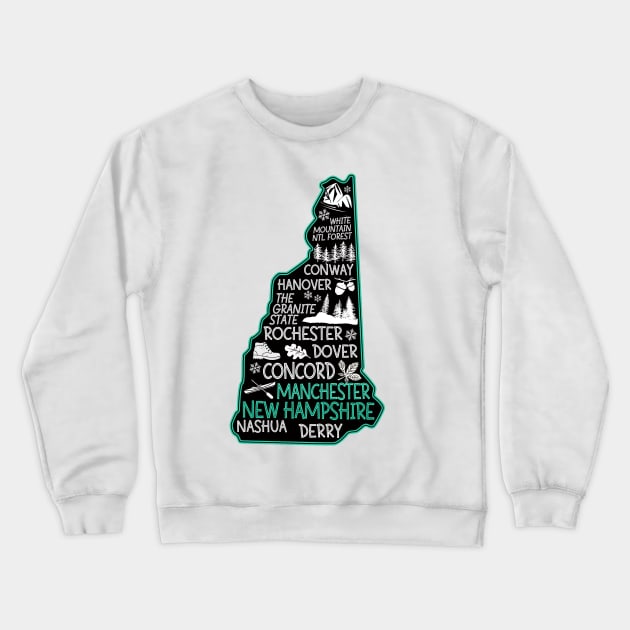 New Hampshire Manchester cute map Conway Hanover Rochester Dover Nashua Derry The Granite State Crewneck Sweatshirt by BoogieCreates